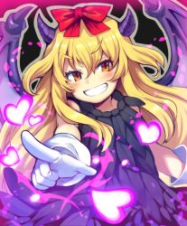 Rule 34 | 1girl, bajel, blonde hair, blush, bow, brave dungeon, dated, gloves, hair bow, heart, horns, iroyopon, long hair, looking at viewer, majin shoujo, open mouth, orange eyes, red bow, signature, smile, solo, white gloves, wings