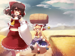 Rule 34 | 2girls, :d, ;d, armpits, arms up, blonde hair, blue sky, bow, bowl, brown eyes, brown hair, carrying, chain, closed eyes, cloud, collarbone, cuffs, day, detached sleeves, field, gengetsu chihiro, hair bow, hair tubes, hakurei reimu, harvest, highres, horn ornament, horn ribbon, horns, ibuki suika, long hair, long sleeves, low-tied long hair, midriff, multiple girls, one eye closed, open mouth, outdoors, path, ribbon, rice, rice bowl, rice paddy, road, sarashi, shackles, shirt, skirt, skirt set, sky, sleeveless, sleeveless shirt, smile, touhou, very long hair, walking, weights, wide sleeves