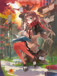 Rule 34 | 1girl, autumn, autumn leaves, bad id, bad pixiv id, book, brown hair, cropped jacket, eihi, glasses, grass, green eyes, hair ribbon, half updo, highres, holding, ladder, leaf, library, long hair, long sleeves, maple leaf, necktie, open book, orange pantyhose, original, pantyhose, pencil, red-framed eyewear, red pantyhose, red ribbon, red scarf, ribbon, scarf, shelf, sitting, skirt, solo, striped clothes, striped necktie, striped neckwear, striped scarf, tree, tree stump, wind