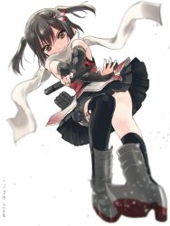 Rule 34 | 10s, 1girl, bad id, bad twitter id, black hair, black thighhighs, blurry, brown eyes, dated, depth of field, fingerless gloves, gloves, hair ornament, kantai collection, koruri, looking at viewer, scarf, sendai (kancolle), sendai kai ni (kancolle), short hair, single thighhigh, skirt, smile, solo, thighhighs, torpedo, twitter username, two side up
