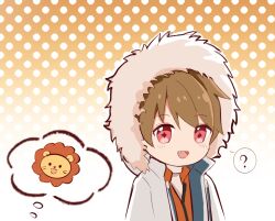 Rule 34 | 1boy, :d, ?, brown eyes, brown hair, coat, fang, fur collar, long sleeves, looking at viewer, lsy0416, luke pearce (tears of themis), male focus, open mouth, orange background, polka dot, polka dot background, short hair, smile, solo, spoken question mark, tears of themis, upper body, white coat, winter clothes, winter coat