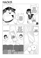 Rule 34 | &gt;:o, &gt; o, ^^^, 10s, 1girl, :o, ;d, ^ ^, admiral (kancolle), comic, commentary, crossover, doraemon, doraemon (character), drum (container), english text, closed eyes, glasses, greyscale, hairband, hat, highres, kantai collection, mirror, monochrome, non-human admiral (kancolle), o o, one eye closed, ooyodo (kancolle), open mouth, peaked cap, revision, school uniform, serafuku, smile, steel ingot, sweatdrop, v-shaped eyebrows, wangphing
