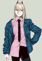 Rule 34 | 1girl, black pants, blonde hair, blue jacket, chainsaw man, closed mouth, collared shirt, crosshair pupils, frown, grey background, hair between eyes, highres, horns, jacket, long hair, long sleeves, looking at viewer, nakuta, necktie, pants, pink shirt, power (chainsaw man), red eyes, red horns, shirt, simple background, solo