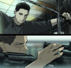 Rule 34 | 0109 (artist), 2boys, aiming, anachronism, black eyes, black hair, blood, blood on clothes, blurry, blurry background, brown eyes, brown hair, ceiling, close-up, closed mouth, commentary request, facial hair, facial scar, from side, golden kamuy, grey shirt, gun, hair slicked back, hair strand, holding, holding gun, holding weapon, indoors, long sleeves, looking away, male focus, military, multiple boys, ogata hyakunosuke, rifle, scar, scar on cheek, scar on face, scar on nose, scope, shadow, shirt, short hair, sleeves rolled up, smile, sniper rifle, stubble, sugimoto saichi, undercut, upper body, watch, weapon, wristwatch