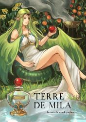 Rule 34 | absurdres, apple, artist name, barefoot, bottle, bracelet, brown eyes, character name, dragon tail, fire emblem, fire emblem echoes: shadows of valentia, flower, food, fruit, grass, green hair, highres, horns, jewelry, leaf, crossed legs, long hair, mila (fire emblem), nail polish, nintendo, perfume bottle, pointy ears, single horn, sitting, smoke, solo, tail, tamafry, very long hair, water