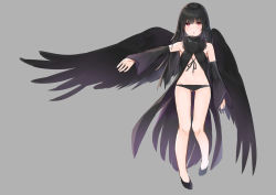 Rule 34 | 1girl, :o, absurdres, angel wings, armpits, bare legs, bare shoulders, black footwear, black hair, black panties, detached sleeves, flats, full body, fur collar, gluteal fold, grey background, hashiko nowoto, highres, long hair, long sleeves, looking at viewer, navel, negative space, original, outstretched arm, panties, parted lips, red eyes, revealing clothes, simple background, solo, standing, stomach, thighs, underwear, wings