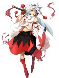 Rule 34 | 1girl, animal ears, bad id, bad twitter id, bare shoulders, cibo (killy), detached sleeves, fang, geta, gloves, hat, hat ribbon, highres, inubashiri momiji, long sleeves, looking at viewer, mask, midriff, mouth mask, navel, open mouth, over shoulder, red eyes, red gloves, ribbon, shield, shirt, silver hair, simple background, skirt, solo, sword, sword over shoulder, tokin hat, touhou, weapon, weapon over shoulder, white background, wide sleeves, wolf ears, wolf mask