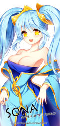 Rule 34 | 1girl, aqua hair, bare shoulders, blush, breasts, character name, english text, large breasts, league of legends, long hair, looking at viewer, low neckline, opalheart, open mouth, simple background, solo, sona (league of legends), twintails, watermark, web address, white background, yellow eyes