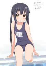 Rule 34 | 1girl, 2011, :o, arm support, barefoot, black hair, blush, brown eyes, dated, errant, female focus, k-on!, long hair, nakano azusa, name tag, one-piece swimsuit, school swimsuit, sitting, solo, swimsuit, translated, twintails, very long hair, water, white background