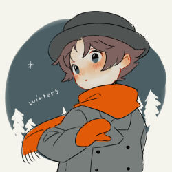 Rule 34 | 1boy, black eyes, black headwear, blush, brown hair, coat, grey coat, location name, long sleeves, looking to the side, male focus, mittens, mother (game), mother 2, nintendo, orange mittens, orange scarf, parted lips, scarf, shifumame, short hair, solo, tony (mother 2), upper body, winter