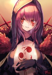 Rule 34 | 1girl, breast curtains, breasts, chest tattoo, cu chulainn (fate), cu chulainn alter (fate), cu chulainn alter (third ascension) (fate), facial mark, fate/grand order, fate (series), fur collar, gloves, gradient background, highres, hood, hood up, large breasts, long hair, looking at viewer, purple hair, red eyes, scathach (fate), shimotsuki shio, smile, spikes, tattoo