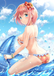 Rule 34 | 1girl, 3:, ass, back, bare arms, bare back, bare shoulders, bikini, blue eyes, blue sky, blush, bracelet, breasts, closed mouth, cloud, day, flower, frilled bikini, frills, from side, hair flower, hair ornament, hibiscus, hirokazu (analysis-depth), inflatable dolphin, inflatable toy, jewelry, lens flare, looking at viewer, looking to the side, medium breasts, outdoors, pink bikini, pink hair, princess connect!, red flower, ribbon, short hair, side-tie bikini bottom, sideboob, sitting, sky, solo, sparkle, string bikini, sunflower, sunflower hair ornament, sunlight, swimsuit, wardrobe malfunction, water, water drop, white ribbon, yellow flower, yui (princess connect!), yui (summer) (princess connect!)