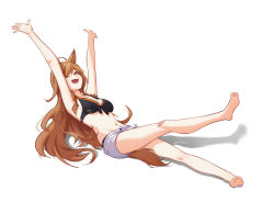 Rule 34 | 1girl, ;d, ahoge, animal ears, arknights, armpits, arms up, bandaid, bandaid on knee, bandaid on leg, bare legs, barefoot, bikini, black bikini, braid, breasts, brown eyes, brown hair, ceobe (arknights), chinese commentary, commentary request, dog ears, front-tie bikini top, front-tie top, highres, long hair, looking at viewer, medium breasts, navel, one eye closed, open mouth, reclining, shadow, short shorts, shorts, simple background, smile, solo, stomach, swimsuit, thighs, twin braids, udon wudong, very long hair, white background, white shorts