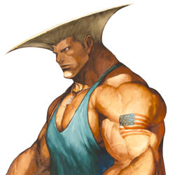 Rule 34 | 1boy, american flag, blonde hair, capcom, dog tags, flattop, guile, highres, male focus, muscular, nona, official art, pectorals, solo, street fighter, svc chaos, tank top, tattoo