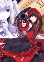 Rule 34 | 2girls, 672393279, black hair, blue eyes, breasts, clock eyes, date a live, date a live: date a bullet, dress, frilled dress, frilled hairband, frills, gloves, gun, hairband, highres, lolita fashion, lolita hairband, medium breasts, multiple girls, open mouth, pointing gun, red dress, roman numeral, smile, symbol-shaped pupils, tokisaki kurumi, twintails, two-tone dress, weapon, white gloves, white hair, white queen (date a live)