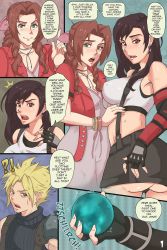 Rule 34 | 1boy, 2girls, ?, aerith gainsborough, arguing, ass, black hair, blonde hair, blush, breasts, cloud strife, comic, confused, cytoscourge, dress, final fantasy, final fantasy vii, final fantasy vii remake, gloves, green eyes, highres, large breasts, long hair, materia, midriff, multiple girls, red eyes, ribbon, rivalry, skirt, sports bra, square enix, suspenders, talking, tank top, tifa lockhart, vambraces