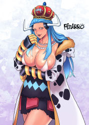 Rule 34 | 1girl, avalo pizarro, blue hair, breasts, character name, cleavage, genderswap, genderswap (mtf), highres, huge breasts, jewelry, jolly roger, large breasts, long hair, missing tooth, necklace, one piece, solo, youkan (tako)
