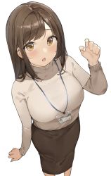 Rule 34 | 1girl, breasts, brown eyes, brown hair, from above, highres, lanyard, large breasts, office lady, ol-chan (ol mahonanoka), ol mahonanoka, open mouth, original, pen, pencil skirt, skirt, solo, standing, sweater, white background