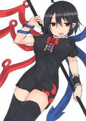 Rule 34 | 1girl, ahoge, black dress, black hair, black thighhighs, bow, bowtie, breasts, cowboy shot, dress, golgi hon, hair between eyes, hand up, highres, holding, houjuu nue, large breasts, looking at viewer, open mouth, pointy ears, red bow, red bowtie, red eyes, short hair, short sleeves, simple background, smile, solo, thighhighs, touhou, white background, wristband, zettai ryouiki