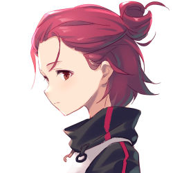 Rule 34 | 1girl, arknights, black jacket, closed mouth, expressionless, exusiai (arknights), forehead, from side, hair bun, hair up, high collar, jacket, looking away, profile, red eyes, red hair, renren (ah renren), simple background, single hair bun, solo, tagme, upper body, white background