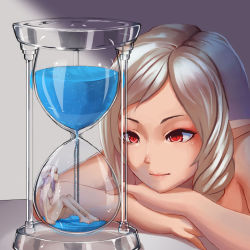 Rule 34 | 2girls, bad id, bad pixiv id, breasts, eye contact, eyebrows, eyeshadow, hourglass, in container, lips, long hair, looking at another, makeup, mini person, minigirl, multiple girls, nose, nude, original, pointy ears, red eyes, sand, shiraha (pixiv10239953), silver hair, sitting, smile, swept bangs