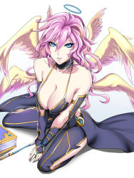 Rule 34 | 1girl, angel, archangel metatron (p&amp;d), bare shoulders, blue eyes, book, breasts, choker, cleavage, halo, highres, huge breasts, jewelry, kumiko shiba, lips, long hair, looking at viewer, low wings, multiple wings, nib pen (object), pen, pink hair, pink lips, puzzle &amp; dragons, ring, simple background, sitting, solo, wariza, wavy hair, white background, wings