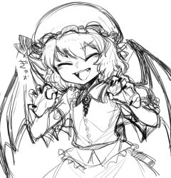 Rule 34 | 1girl, ^ ^, bat wings, claw pose, closed eyes, closed eyes, fangs, fingernails, greyscale, hat, monochrome, remilia scarlet, sharp fingernails, short hair, simple background, sketch, solo, spacezin, touhou, translated, vampire, wings