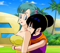 Rule 34 | 2girls, aqua hair, asymmetrical hair, bare shoulders, black eyes, black hair, blue eyes, bracelet, breasts, bulma, cheating (relationship), chi-chi (dragon ball), cleavage, closed mouth, dicasty, dragon ball, dragonball z, earrings, eye contact, female focus, hair bobbles, hair bun, hair ornament, highres, hug, jewelry, kiss, kissing neck, lips, lipstick, lipstick mark, long hair, looking at another, looking back, makeup, mature female, multiple girls, naughty face, neck, netorare, outdoors, ponytail, red lips, short hair, side ponytail, single hair bun, sleeveless, smile, standing, strapless, tube top, upper body, yuri