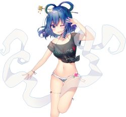 Rule 34 | 1girl, bad id, bad twitter id, bikini, bikini under clothes, black shirt, blue hair, blush, borrowed clothes, breasts, cleavage, clothes writing, cosplay, flower, green bikini, hair ornament, hair rings, hair stick, halterneck, hecatia lapislazuli, hecatia lapislazuli (cosplay), kaku seiga, koto seori, looking at viewer, navel, one eye closed, open mouth, purple eyes, see-through, shawl, shirt, simple background, smile, solo, standing, standing on one leg, swimsuit, t-shirt, tied shirt, touhou