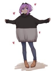 Rule 34 | 1girl, black pants, black sweater, blush, boots, brown footwear, closed mouth, dark-skinned female, dark skin, fate/prototype, fate/prototype: fragments of blue and silver, fate (series), full body, grey sweater, hair between eyes, hassan of serenity (fate), heart, i.u.y, long sleeves, looking at viewer, pants, pinching sleeves, purple eyes, purple hair, sleeves past wrists, smile, solo, standing, sweater, white background