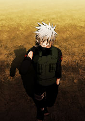 Rule 34 | 1boy, arm behind head, bandages, closed eyes, covered mouth, flak jacket, foreshortening, from above, gloves, half mask, hand in pocket, harukaka, hatake kakashi, highres, ite (harukaka), jacket, male focus, mask, naruto, naruto (series), ninja, sandals, scar, shadow, silver hair, solo, spiked hair, standing, toes, v-shaped eyebrows, vest, walking