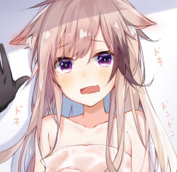 Rule 34 | 1girl, animal ears, arknights, blush, breasts, brown hair, cardigan (arknights), close-up, collarbone, dog ears, ear blush, fang, krverzravys, long hair, looking at viewer, multicolored hair, naked towel, open mouth, pov, pov hands, purple eyes, shadow, simple background, skin fang, small breasts, solo focus, sound effects, streaked hair, towel, wavy mouth, white background