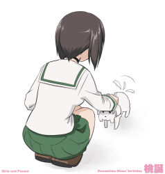 Rule 34 | 1girl, afterimage, aoneco, birthday, black choker, black hair, blouse, bob cut, brown footwear, character name, choker, commentary, copyright name, dog, english commentary, facing away, from behind, girls und panzer, green skirt, kawashima momo, loafers, long sleeves, miniskirt, ooarai school uniform, petting, pleated skirt, sailor collar, school uniform, serafuku, shirt, shoes, short hair, skirt, solo, squatting, tail, tail wagging, translated, white sailor collar, white shirt