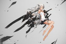 Rule 34 | 1girl, anklet, barefoot, black skirt, blade, breasts, closed mouth, commentary, full body, grey background, grey hair, grey jacket, headgear, heavily armed high school girls, jacket, jewelry, jumping, light brown hair, long hair, long sleeves, looking at viewer, miniskirt, neco, null (heavily armed high school girls), off shoulder, pleated skirt, science fiction, sheath, sheathed, shirt, skirt, small breasts, solo, weapon, white shirt