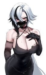 Rule 34 | 1girl, absurdres, alternate costume, arlecchino (genshin impact), black eyes, black hair, black hands, black mask, black skin, breasts, chest tattoo, clawed hands, cleavage, colored extremities, colored skin, dress, genshin impact, gradient skin, grey hair, hair between eyes, highres, long hair, looking at viewer, mask, masoq, mouth mask, multicolored hair, red pupils, revision, solo, streaked hair, sweat, symbol-shaped pupils, tattoo, white hair, x-shaped pupils