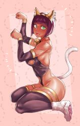 Rule 34 | 1girl, :3, animal ears, bob cut, cat tail, collar, dark-skinned female, dark skin, detached leggings, detached sleeves, fake animal ears, fake tail, fang, from side, fukamichi ran&#039;ou, full body, green eyes, hairband, kneeling, looking at viewer, menat, neck bell, open mouth, paw pose, paw shoes, pink background, purple hair, short hair, smile, solo, street fighter, street fighter v, tail, thighlet, twisted torso