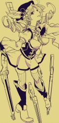 Rule 34 | 10s, 1girl, bad id, bad twitter id, beret, clothes lift, drill hair, gloves, gun, hair ornament, hand on own chest, hat, magical girl, magical musket, mahou shoujo madoka magica, mahou shoujo madoka magica (anime), monochrome, musket, shinoasa, skirt, skirt lift, smile, solo, thighhighs, tomoe mami, twin drills, twintails, weapon