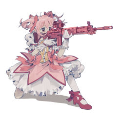 Rule 34 | 1girl, absurdres, bubble skirt, dress, drill hair, gloves, gun, hair ribbon, highres, holding, holding gun, holding weapon, kaname madoka, magical girl, mahou shoujo madoka magica, mahou shoujo madoka magica (anime), mitakihara school uniform, pink dress, pink hair, red footwear, ribbon, rifle, school uniform, short twintails, skirt, sniper rifle, solo, twin drills, twintails, weapon, white background, white gloves, wr0wn