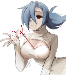 Rule 34 | + +, 1girl, between breasts, blue hair, breasts, cleavage, cleavage cutout, clothing cutout, eyepatch, female focus, hair over one eye, large breasts, long hair, meme attire, ng (kimjae737), open-chest sweater, ponytail, red eyes, scar, skullgirls, sleeves past wrists, smile, solo, sweater, thermometer, turtleneck, valentine (skullgirls)