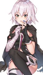 Rule 34 | 1girl, arm strap, bandaged arm, bandages, black cape, black cola, black gloves, black thighhighs, blush, breasts, buckle, cape, commentary, dagger, fate/grand order, fate (series), fingerless gloves, gloves, green eyes, heart, heart-shaped pupils, highres, holding, holding weapon, jack the ripper (fate/apocrypha), knee up, knife, looking at viewer, parted lips, scar, scar on face, short hair, simple background, single glove, sitting, skindentation, small breasts, solo, symbol-shaped pupils, thighhighs, weapon, white background, white hair