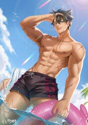 2boys abs absurdres black_hair black_male_swimwear blue_eyes bulge earrings eltdoa genshin_impact grey_hair hair_between_eyes highres holding holding_swim_ring innertube jewelry male_focus male_swimwear multicolored_hair multiple_boys muscular muscular_male navel neuvillette_(genshin_impact) nipples short_hair smile stomach streaked_hair swim_ring teeth topless_male wriothesley_(genshin_impact)