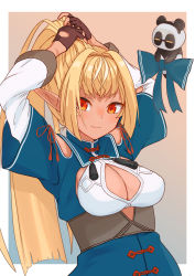 Rule 34 | 1girl, absurdres, adjusting hair, animal costume, animal ears, arms up, black gloves, blonde hair, breasts, cleavage, cleavage cutout, closed mouth, clothing cutout, dark-skinned female, dark skin, elf, gloves, hair ornament, highres, hololive, kabanoki, kintsuba (shiranui flare), long hair, looking at viewer, medium breasts, panda costume, panda ears, partially fingerless gloves, pointy ears, ponytail, red eyes, shiranui flare, shiranui flare (old design), shoulder cutout, unworn hair ornament, virtual youtuber