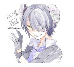 Rule 34 | 1girl, black gloves, black jacket, collared shirt, commentary request, dated, eto (etonomemo1008), eyepatch, gloves, grin, hair between eyes, headgear, highres, jacket, kantai collection, looking at viewer, necktie, one-hour drawing challenge, portrait, purple hair, shirt, short hair, simple background, smile, tenryuu (kancolle), twitter username, upper body, white background, white shirt, yellow eyes