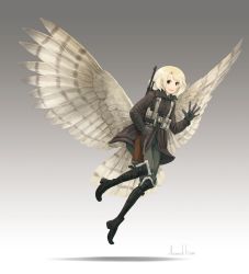 Rule 34 | 1girl, asterisk kome, bird tail, bird wings, blonde hair, brown eyes, flying, gloves, gun, highres, low wings, medium hair, military, signature, smile, tail, weapon, weapon on back, winged fusiliers, wings