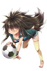 Rule 34 | 1boy, all fours, ball, barefoot, brown hair, dochi (soccer spirits), frown, full body, hair over eyes, highres, long hair, male focus, manle, official art, soccer ball, soccer spirits, solo, striped legwear, suspenders, transparent background, wristband, yellow legwear