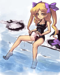 Rule 34 | 1girl, alternate hairstyle, bad anatomy, bad feet, ball, barefoot, black one-piece swimsuit, blonde hair, bow, unworn clothes, feet, female focus, hair bow, hat, hat bow, unworn hat, unworn headwear, kirisame marisa, no headwear, no headwear, one-piece swimsuit, pool, poolside, poorly drawn, sitting, soaking feet, solo, swimsuit, touhou, twintails, yellow eyes