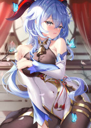 Rule 34 | 1girl, absurdres, ahoge, bare shoulders, bell, between legs, black pantyhose, blue butterfly, blue hair, blush, bodysuit, branch, grabbing another&#039;s breast, breasts, bug, butterfly, chinese commentary, collarbone, commentary request, covered navel, cowbell, cowboy shot, detached sleeves, ganyu (genshin impact), genshin impact, gloves, goat horns, grabbing, grabbing own breast, hair between eyes, hand between legs, highres, horns, insect, large breasts, long hair, long sleeves, looking at viewer, open mouth, pantyhose, purple eyes, sidelocks, solo, stairs, zhongwu chahui