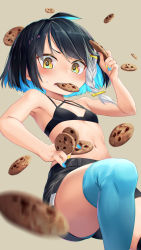 Rule 34 | 1girl, bikini, bikini top only, black bikini, black hair, black shorts, blue nails, blue thighhighs, blurry, blurry foreground, blush, bob cut, braid, colored inner hair, commentary, cookie, depth of field, dropping, flat chest, food, grey background, grey hair, hair ornament, hairclip, highres, leaning back, looking at viewer, mitake eil, mouth hold, multicolored hair, nail polish, navel, open mouth, original, short hair, short shorts, shorts, side braid, simple background, solo, standing, standing on one leg, sweatdrop, swimsuit, thighhighs, yellow nails