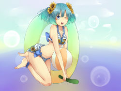 Rule 34 | 1girl, :o, alternate costume, ankle cuffs, ball, barefoot, beachball, bikini, blue eyes, blue hair, bubble, cucumber, floral print, flower, frilled bikini, frills, gradient background, hair flower, hair ornament, innertube, kawashiro nitori, kneeling, looking at viewer, matching hair/eyes, one eye closed, short hair, solo, sunflower, swim ring, swimsuit, touhou, toyamacha takeo, twintails, two side up, v arms, wink