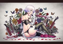 Rule 34 | 1girl, absurdres, arm belt, ass, bandaged arm, bandages, bare shoulders, black gloves, black panties, black thighhighs, black vest, blush, breasts, dagger, elbow gloves, facial scar, fate/apocrypha, fate/grand order, fate (series), from behind, gloves, green eyes, grey hair, hair between eyes, highres, hitomaruniigo, holding, holding dagger, holding knife, holding weapon, huge filesize, jack the ripper (fate/apocrypha), knife, looking at viewer, lowleg, lowleg panties, navel, panties, scar, scar across eye, scar on cheek, scar on face, short hair, shoulder tattoo, single glove, sitting, solo, tattoo, thighhighs, underwear, vest, weapon, white hair